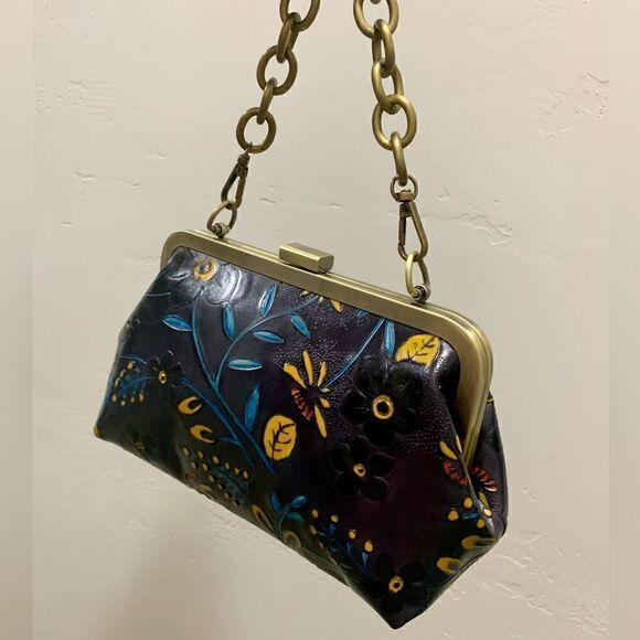 Handmade Genuine Leather Floral Embossed Push-lock Clutch/Shoulder Bag/Crossbody - Picture 9 of 16